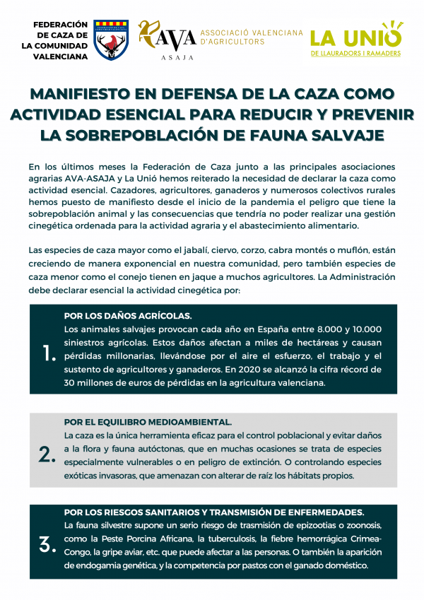 Manifiesto En Defensa De La Caza Como Actividad Esencial Para Reducir Y Prevenir La Sobrepoblacion De Fauna Salvaje Federacion De Caza De La Comunidad Valenciana